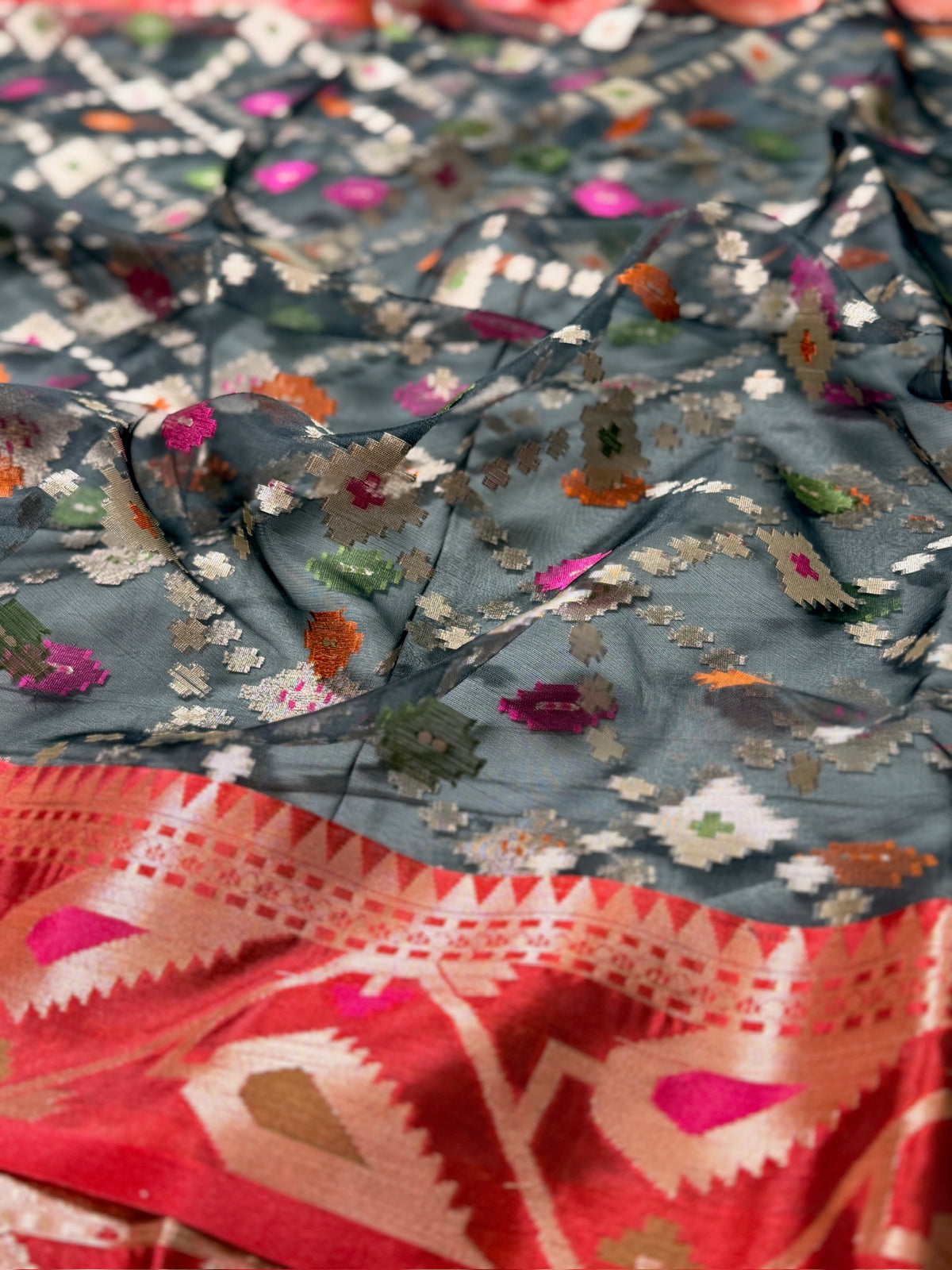 Black Organza Silk Patola Saree with Red Geometric Border