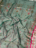 Deep Teal Green Organza Jamdani Meenkari Saree with Floral Border