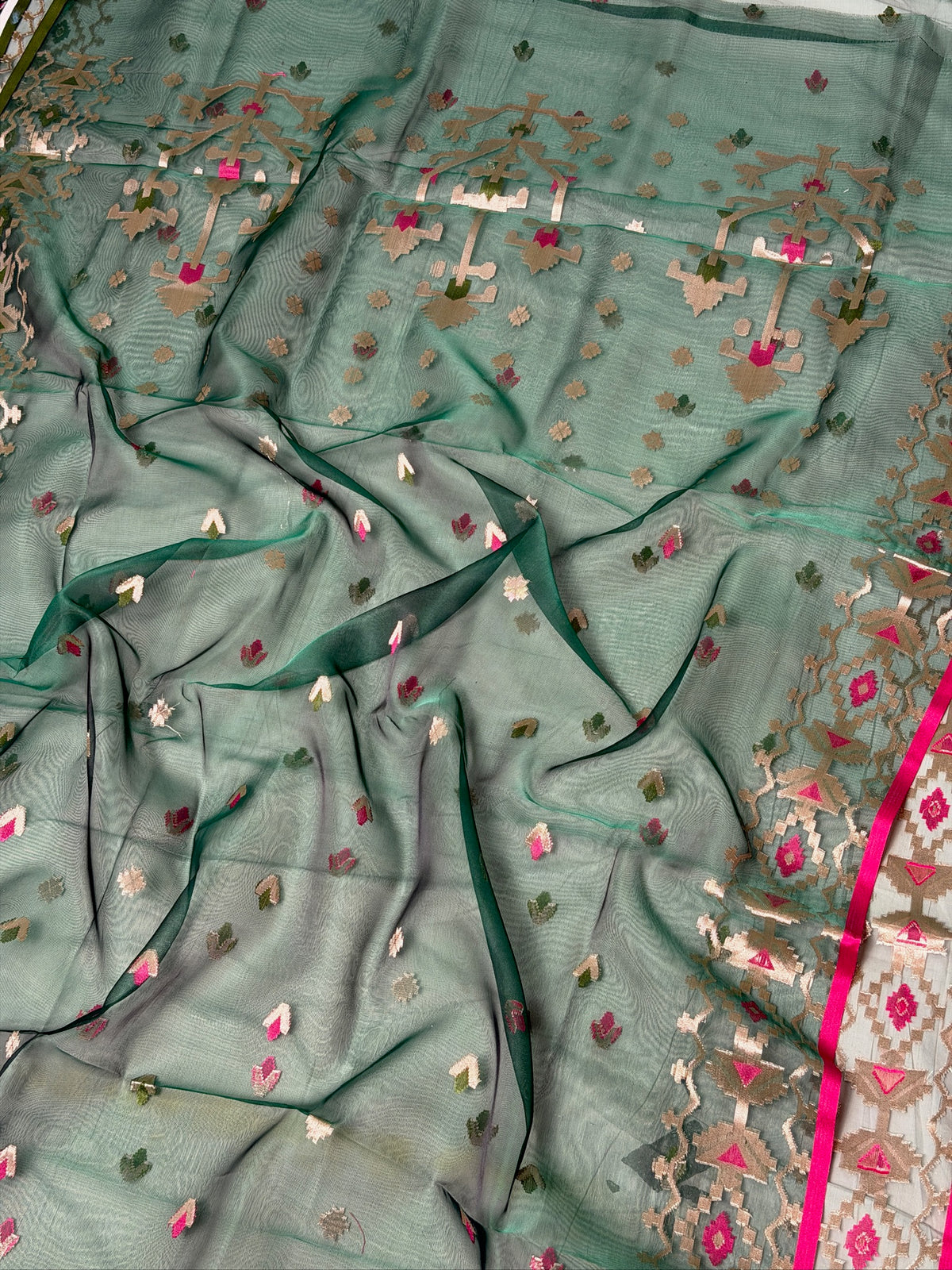 Deep Teal Green Organza Jamdani Meenkari Saree with Floral Border
