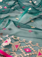 Deep Teal Green Organza Jamdani Meenkari Saree with Floral Border