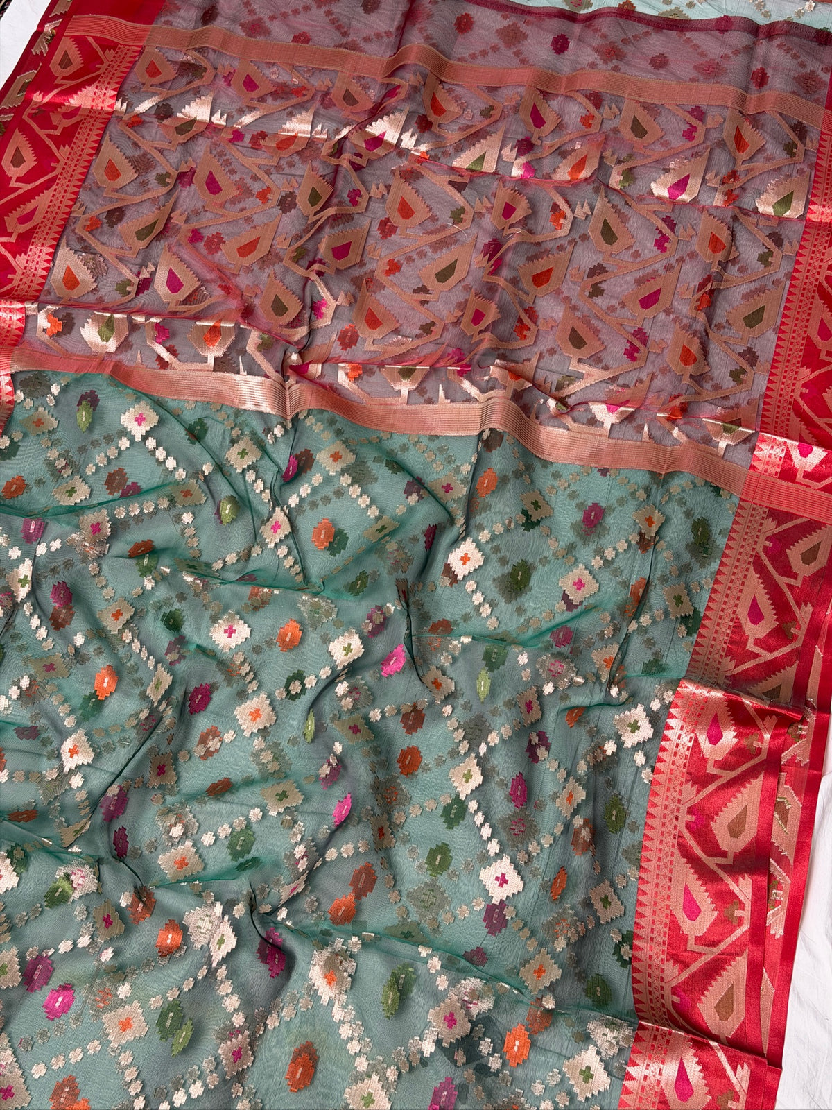 Deep Teal Green Organza Jamdani Patola Saree with Red Geometric Border