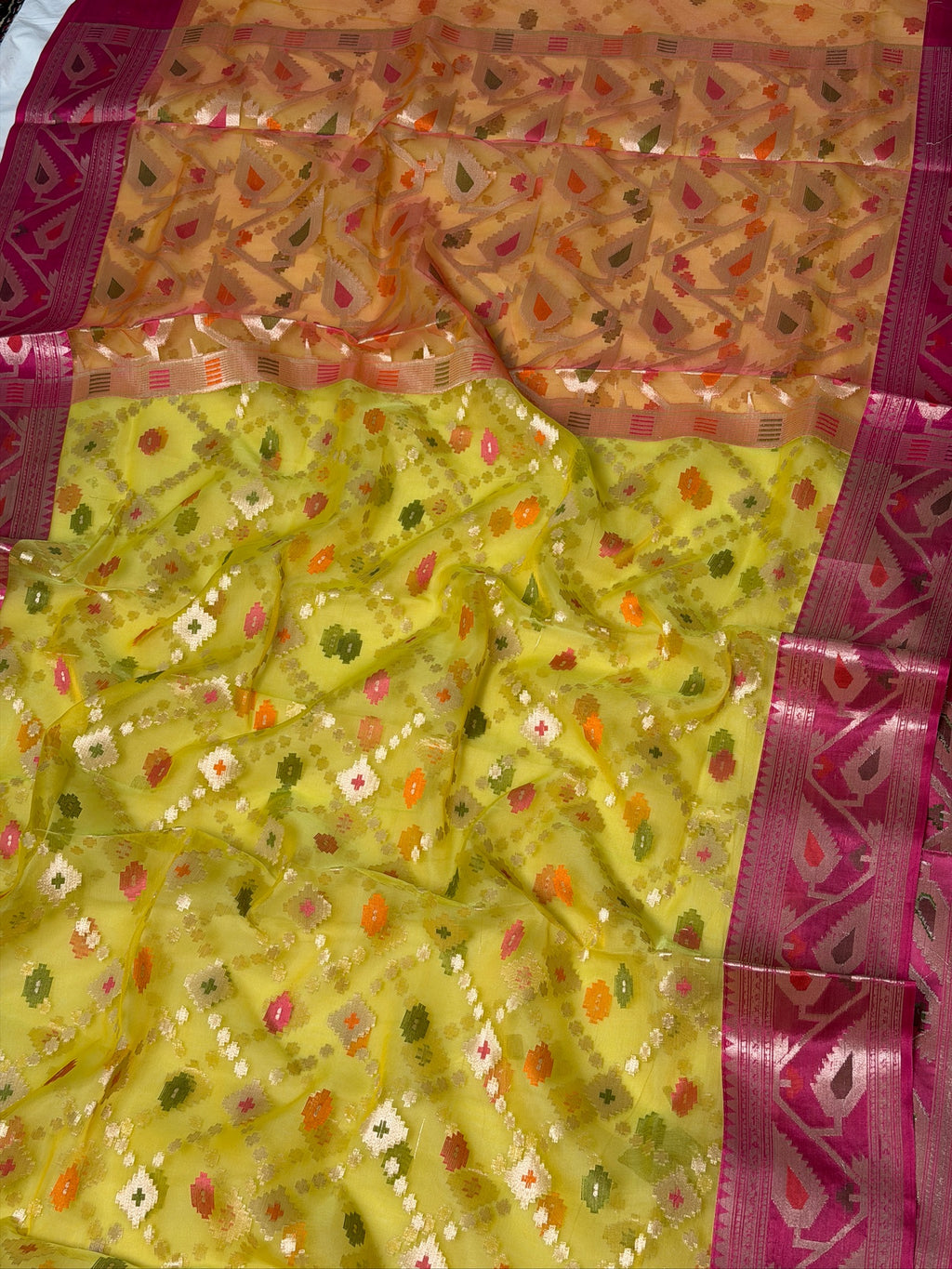 Mustard Yellow Organza Silk Patola Saree with Traditional