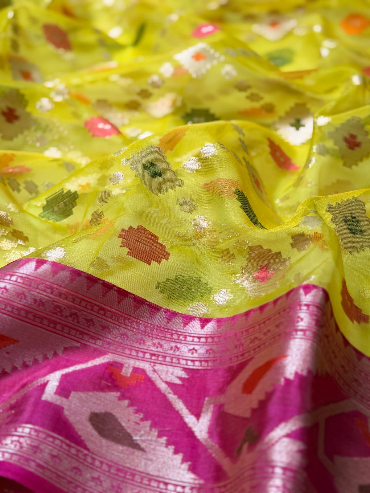 Mustard Yellow Organza Silk Patola Saree with Traditional