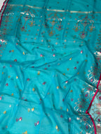Turquoise Blue Organza Jamdani Meenkari Saree with Floral Border