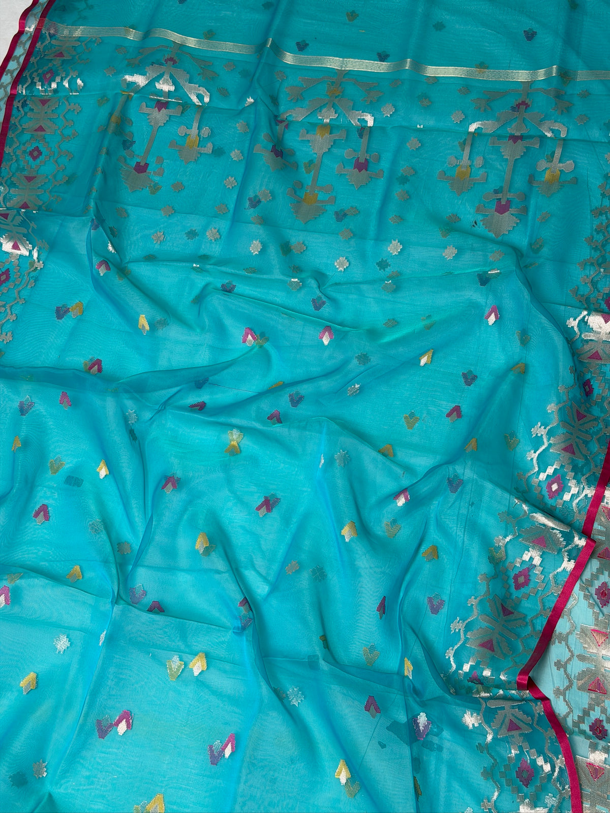 Turquoise Blue Organza Jamdani Meenkari Saree with Floral Border