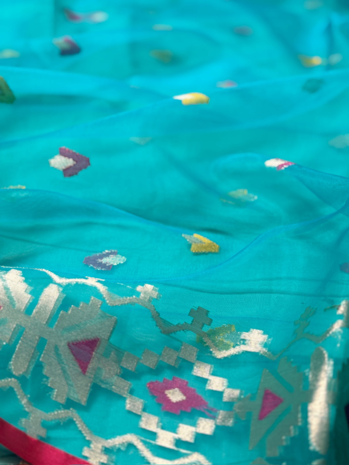 Turquoise Blue Organza Jamdani Meenkari Saree with Floral Border