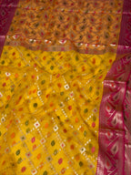 Mustard Yellow Organza Jamdani Patola Saree with Magenta Geometric Border