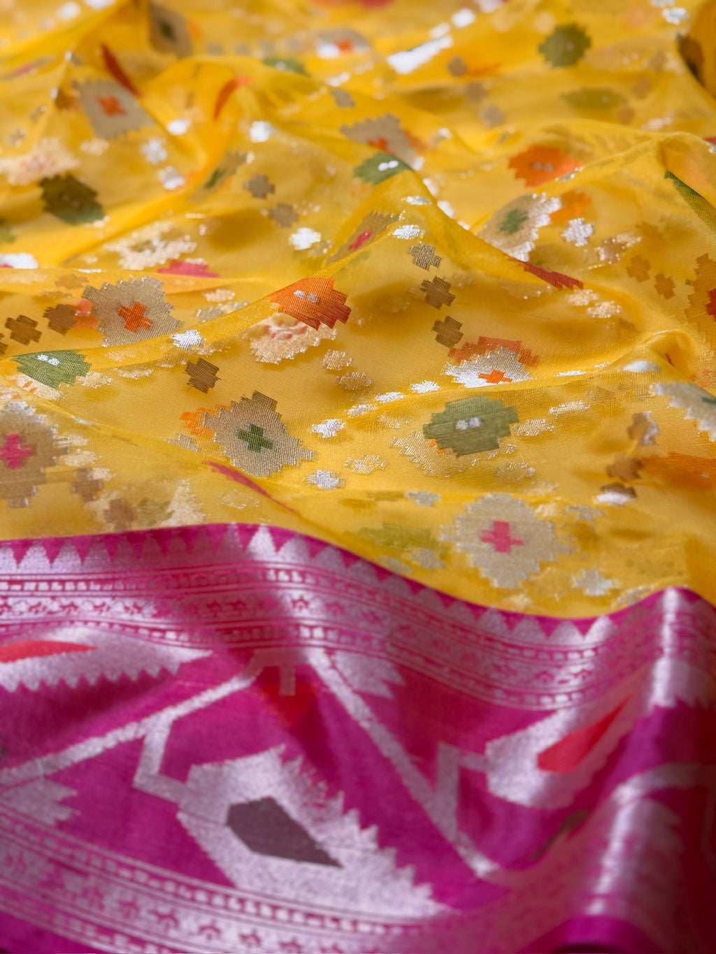 Mustard Yellow Organza Jamdani Patola Saree with Magenta Geometric Border