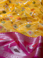 Mustard Yellow Organza Jamdani Patola Saree with Magenta Geometric Border