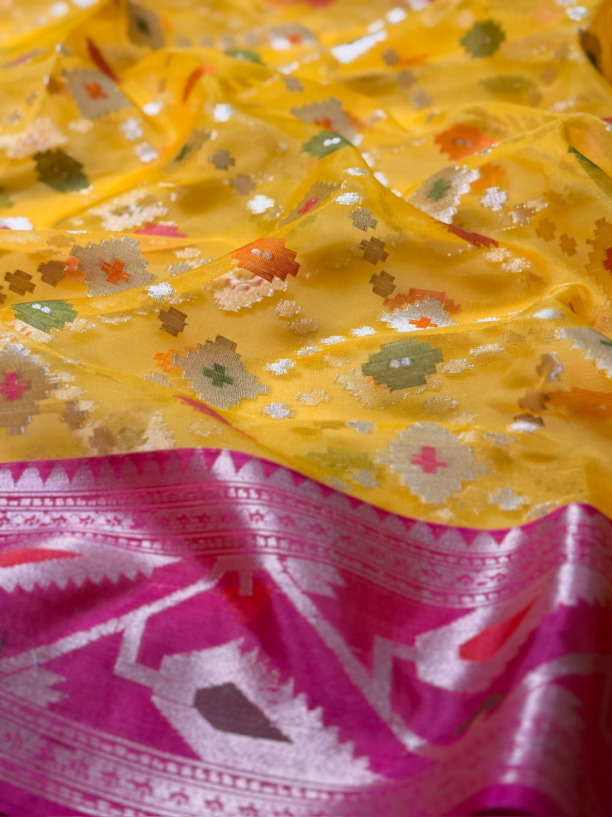 Mustard Yellow Organza Jamdani Patola Saree with Magenta Geometric Border