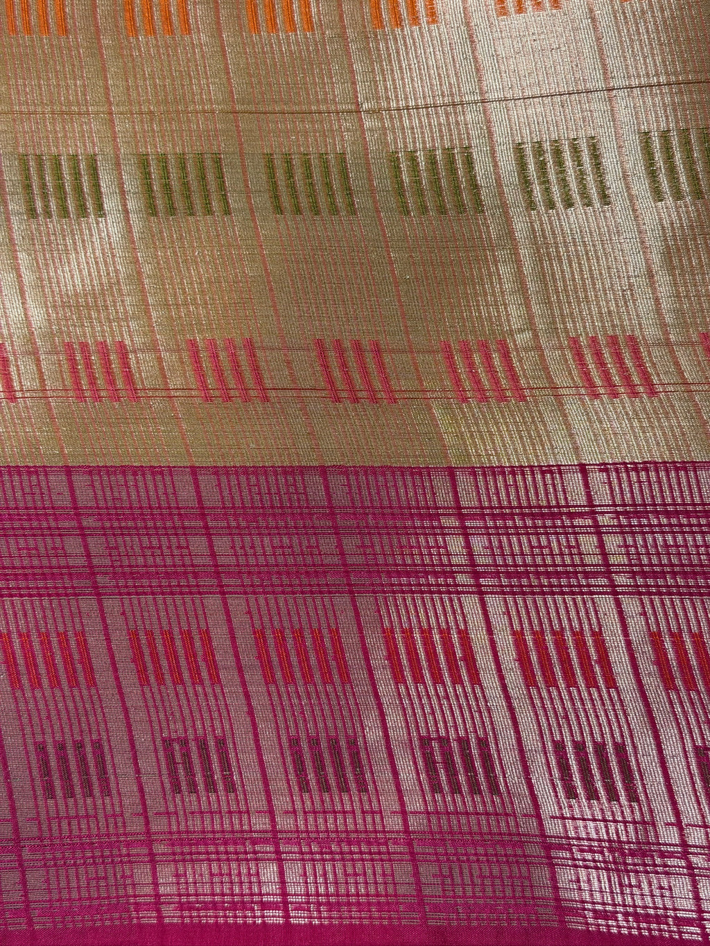 Mustard Yellow Organza Jamdani Patola Saree with Magenta Geometric Border