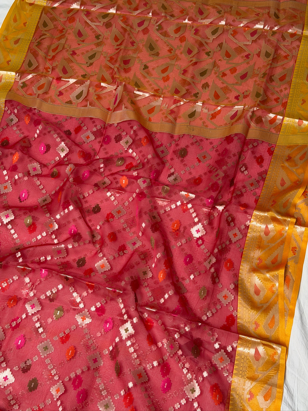 Ruby Red Organza Silk Patola Saree with Mustard Yellow Border