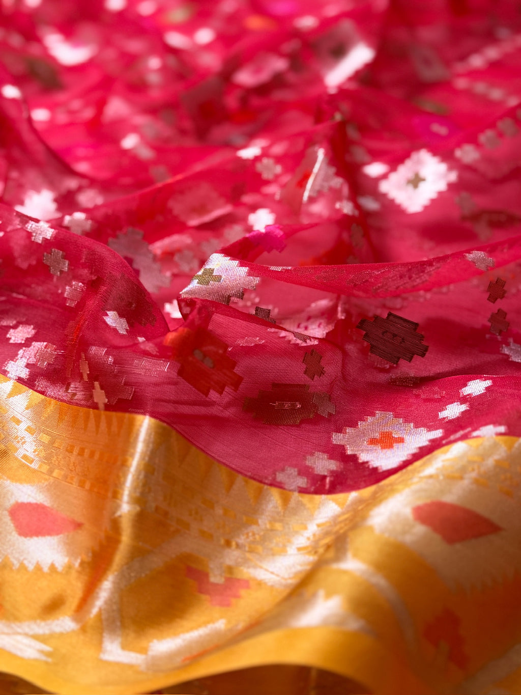 Ruby Red Organza Silk Patola Saree with Mustard Yellow Border