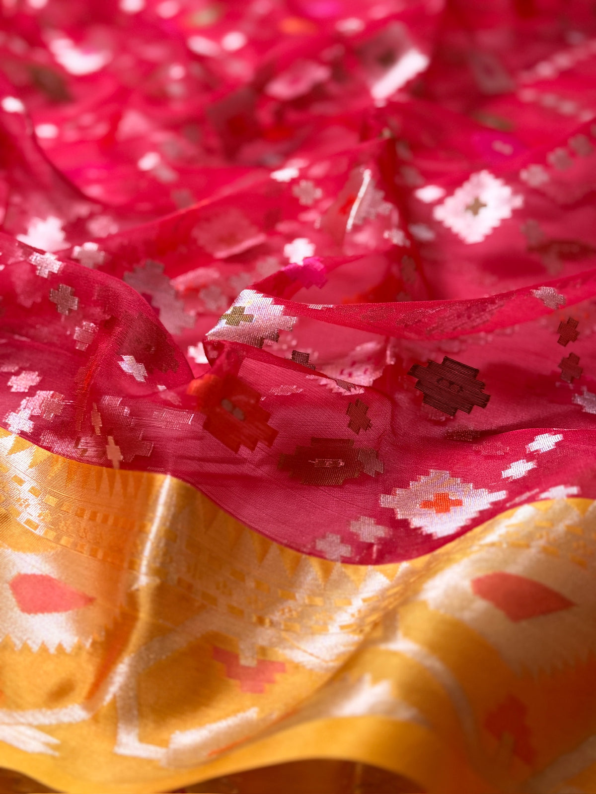 Ruby Red Organza Silk Patola Saree with Mustard Yellow Border